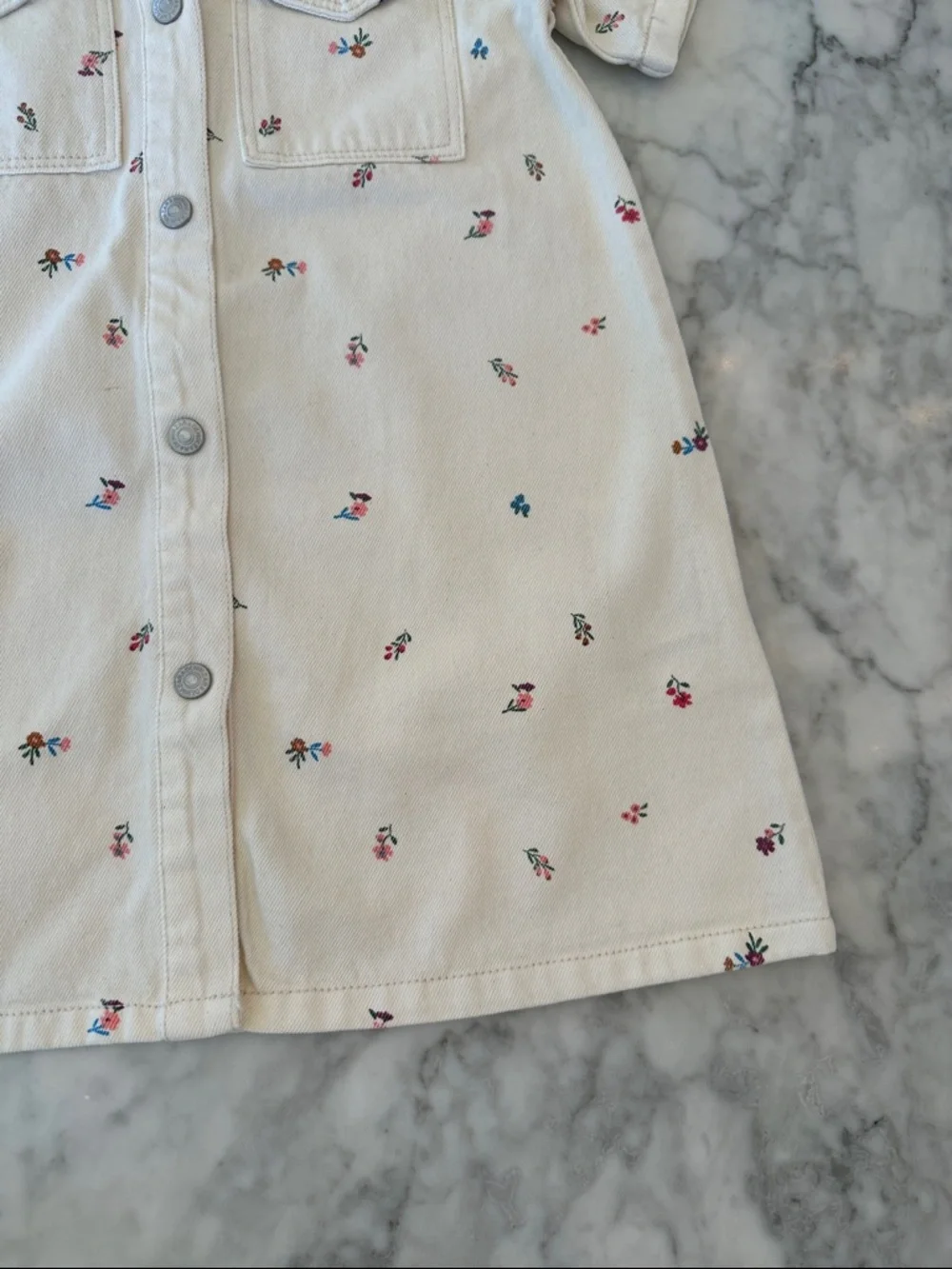 NWT ZARA Ivory Short-Sleeve Button Front Dress with Tiny Floral Embroidery 4Y